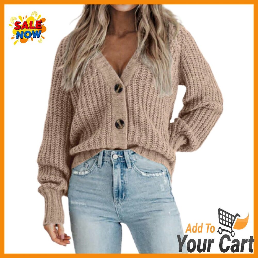 Chunky Knit V-Neck Cardigan Sweater Open Front Long Sleeve